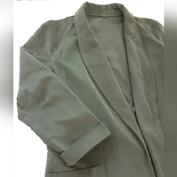 Green Corduroy 100% Cotton Shawl Collar Belted Open Front Pocket Long Coat Sz L - Picture 6 of 7